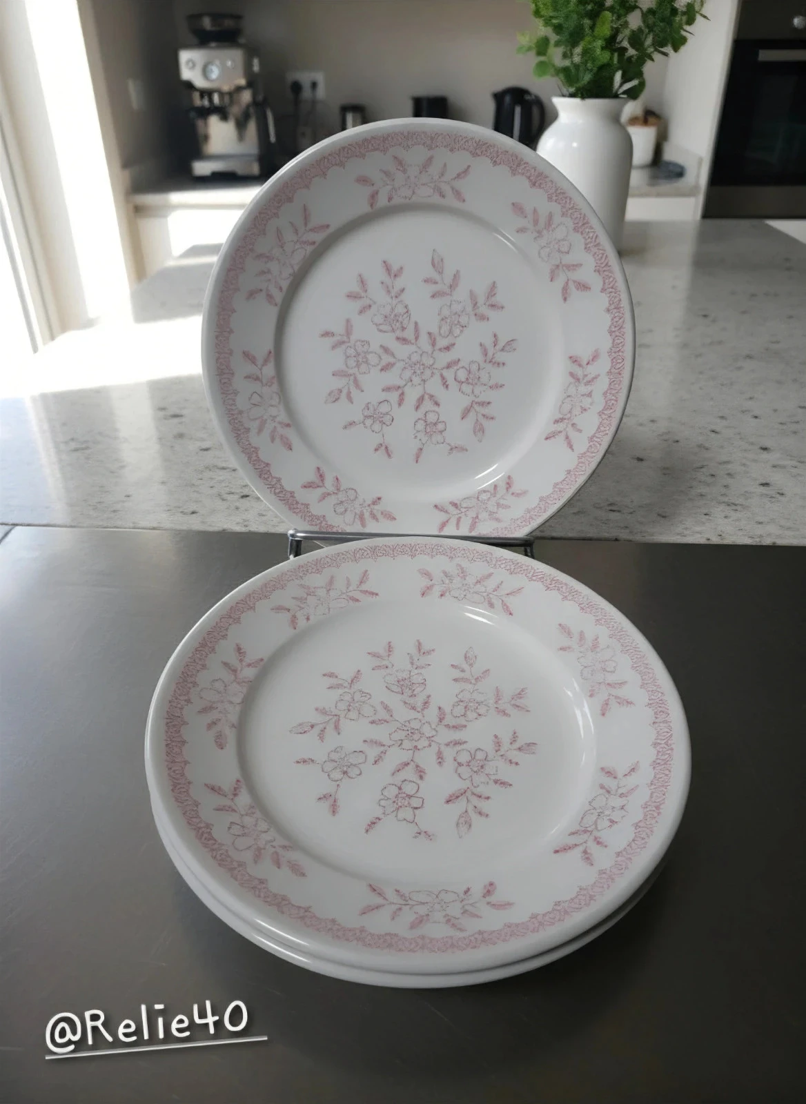 5 assiettes à dessert rose et blanche CM S